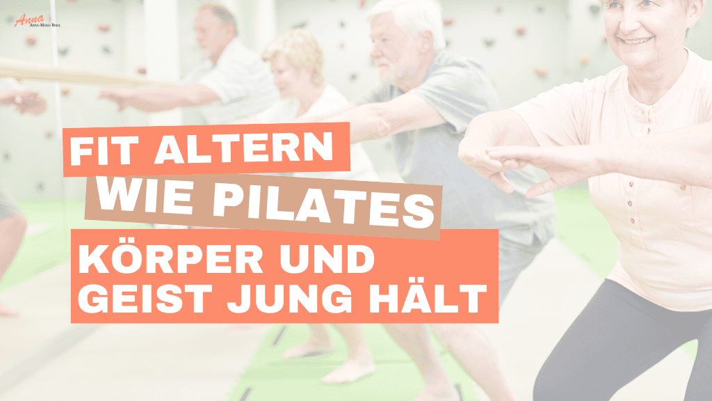 Titelbild: lächelnde Senioren in einer Kniebeuge und Schritzug davor: Fit altern – wie Pilates Körper und Geist jung hält